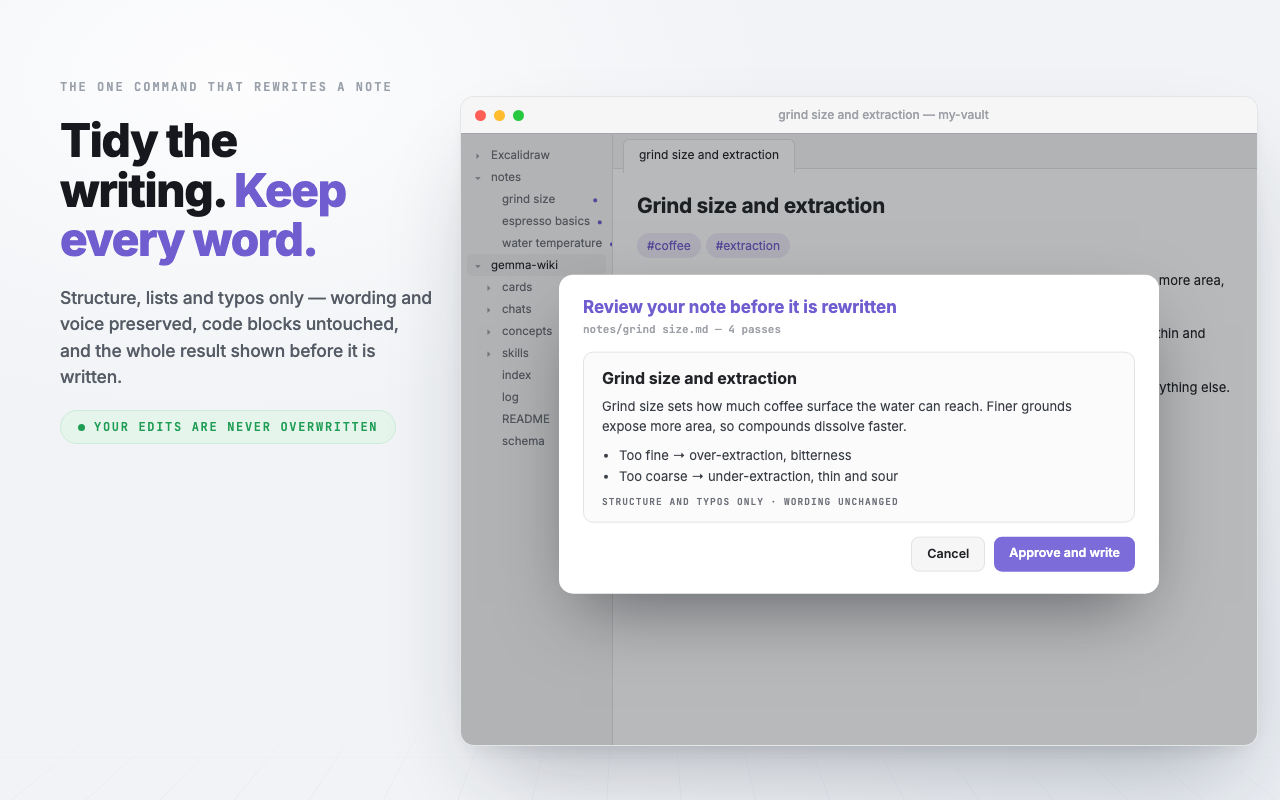The Improve preview showing the rewritten note with a note that only structure and typos changed.